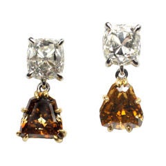 Platinum, 18kt Gold, Old Mine Diamond and Cognac Diamond Earring