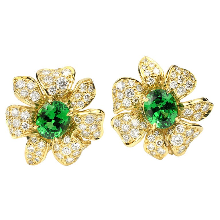 Diamond and Tsavorite and Gold Flower Earrings