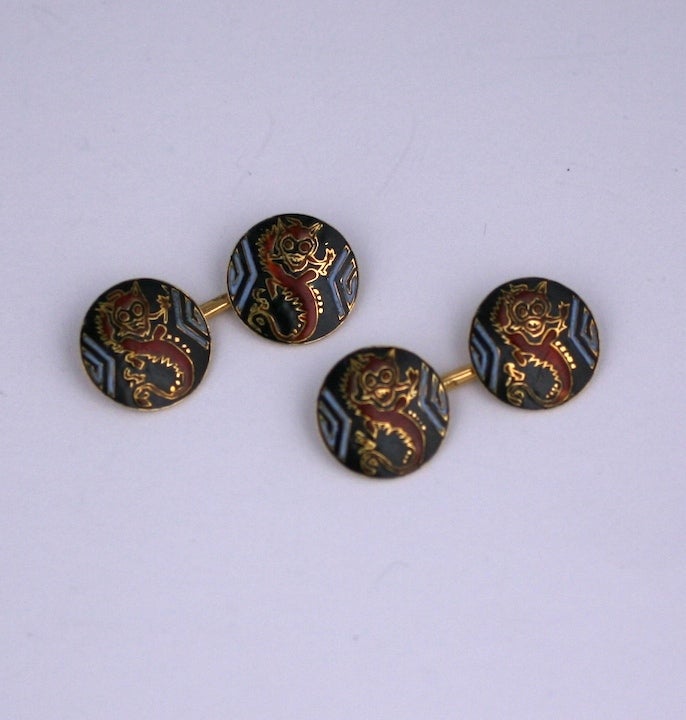 Unusual and attractive art deco cufflinks with Chinese Dragon motifs enamelled in oxblood, black and white. France 1930's. Beautiful quality and workmanship. 
Excellent condition.
