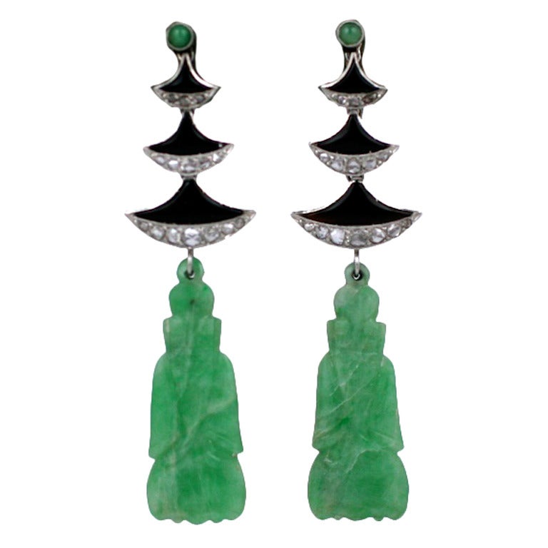 Art Deco Jade Onyx Diamond Temple Earrings For Sale