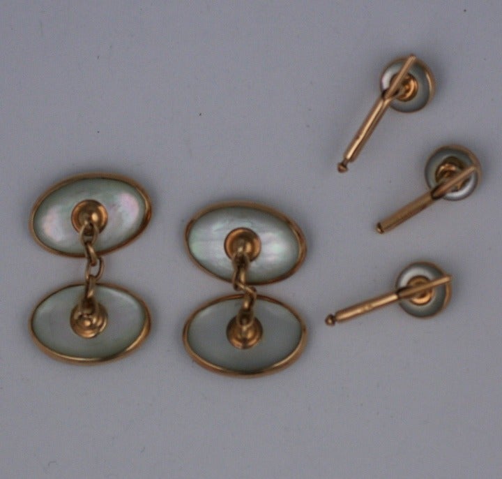 Art Deco Etched Mother of Pearl and Gold Tuxedo Stud Set