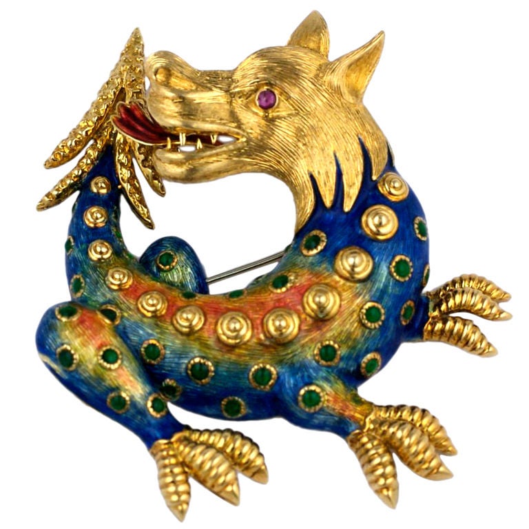 Enamel Gold Fantasy Dragon Brooch For Sale