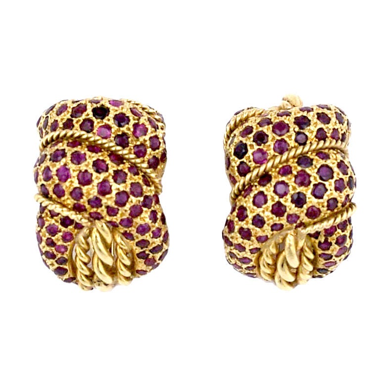 Elegant Pave Ruby Gold Twist Knot Earclips