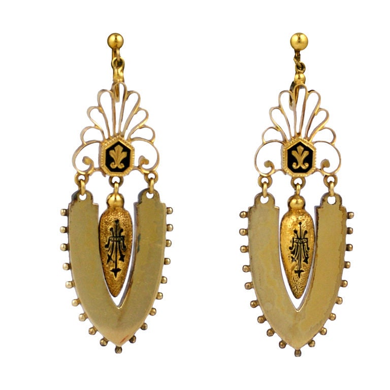 Schöne gegliederte viktorianische Emaille-Ohrringe aus Gold im Angebot