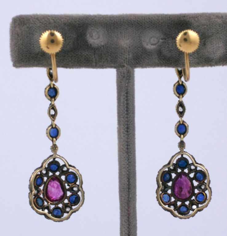 Victorian Exceptional Antique Ruby, Diamond and Sapphire Earrings
