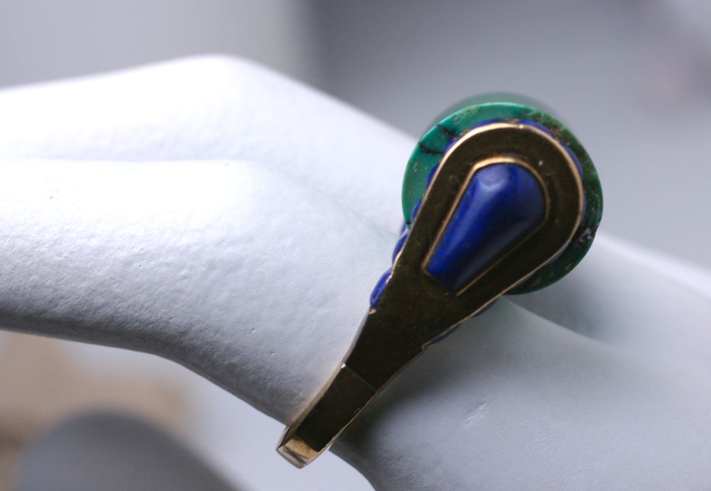 Art Deco Eygptian Revival Lapis and Turquoise Cocktail Ring In Good Condition For Sale In Riverdale, NY