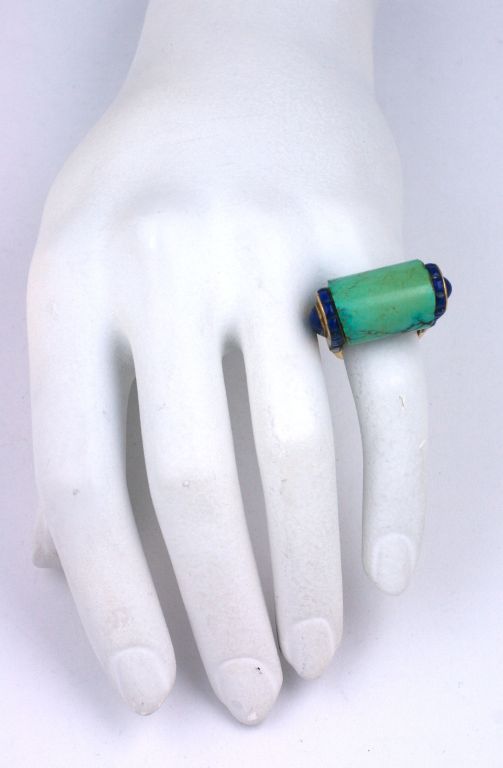Women's Art Deco Eygptian Revival Lapis and Turquoise Cocktail Ring For Sale
