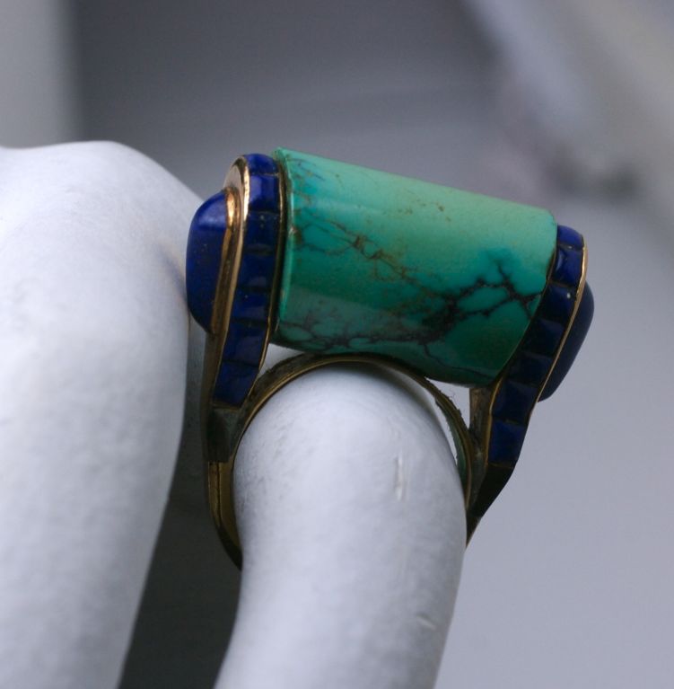 Art Deco Eygptian Revival Lapis and Turquoise Cocktail Ring For Sale 1