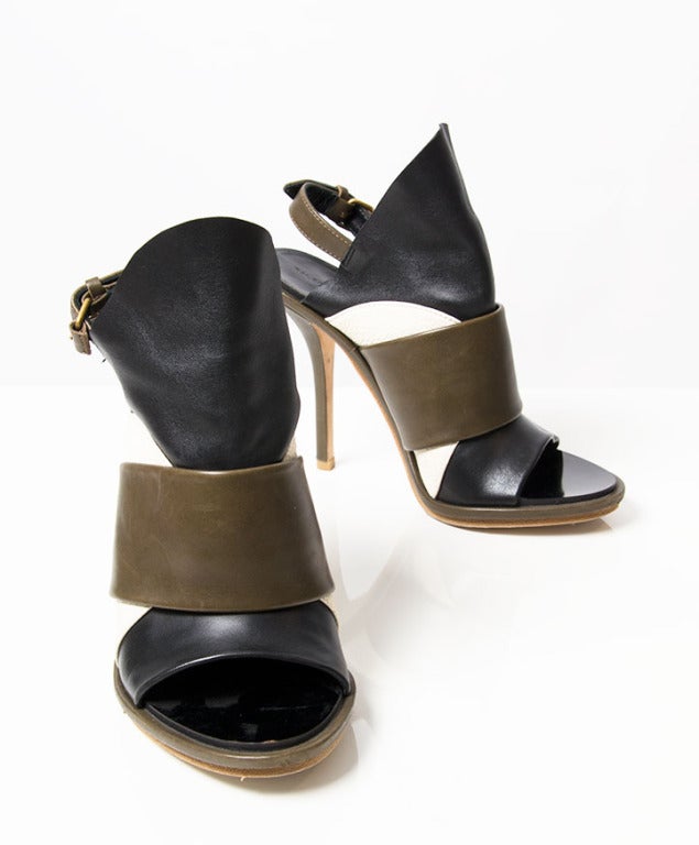 Balenciaga Black, Brown and White Glove Leather Slingback Sandals In Excellent Condition In Antwerp, BE