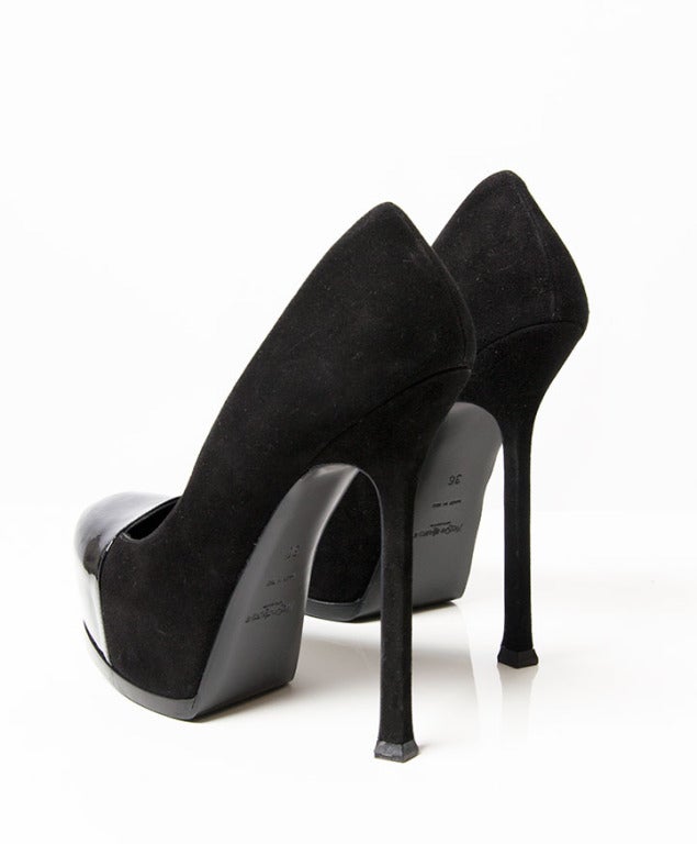 Women's Yves Saint Laurent Suede and Patent Tribtoo Pumps.