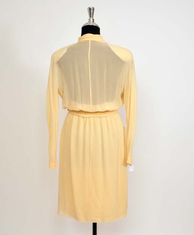 This vintage Chanel Boutique shirtdress comes in a nude sheer crepe silk and has a pleated high-waisted belt in the same fabric. It also features a collar and 2 side pockets.