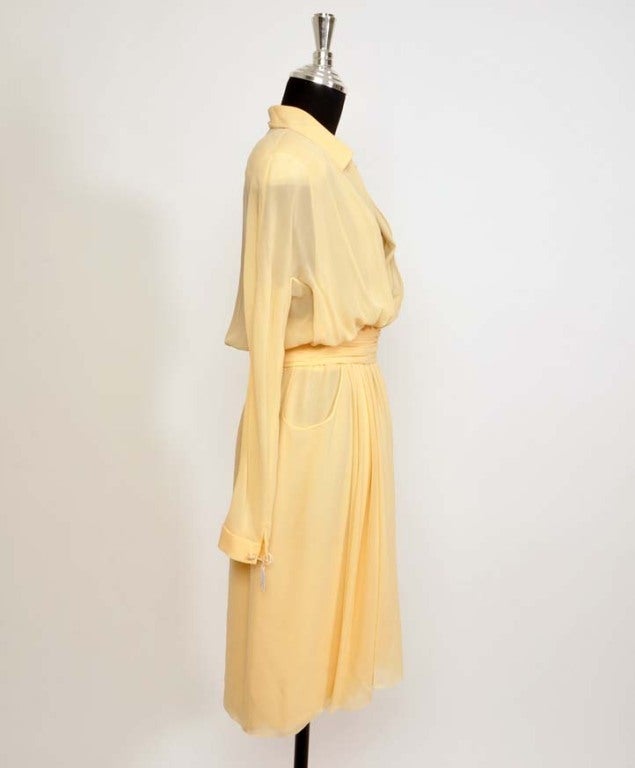 CHANEL Sheer crepe shirtdress with pleated waist belt in nude In Excellent Condition In Antwerp, BE