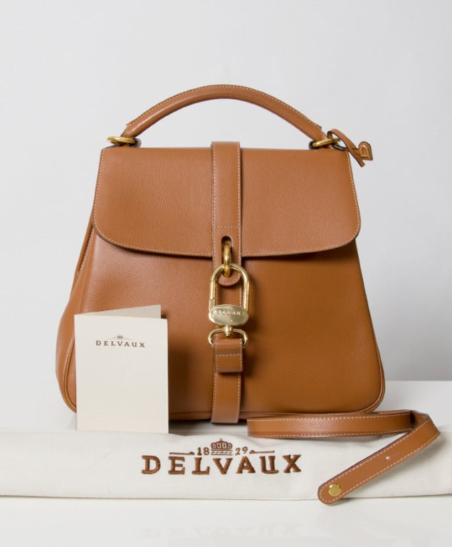 The 'Gin Fiz' by Belgian designer House Delvaux is a cognac handbag made from sturdy but smooth Jumping leather. It has gold plated hardware, suede lining and comes with certificate of purchase and original dustbag.