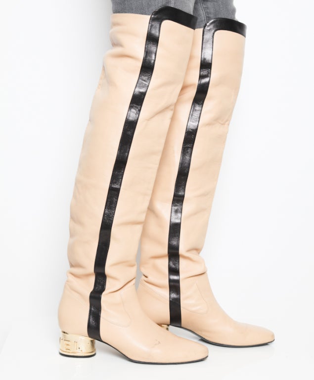 Chanel Cream Leather Boots With Gold Logo Heel For Sale 1
