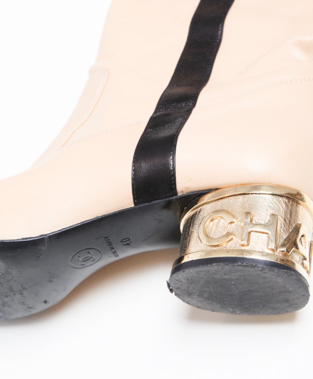 Chanel Cream Leather Boots With Gold Logo Heel For Sale 4