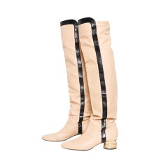 Chanel Cream Leather Boots With Gold Logo Heel