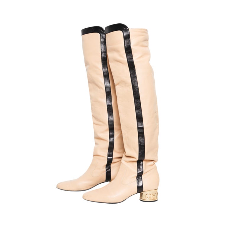 Chanel Cream Leather Boots With Gold Logo Heel For Sale
