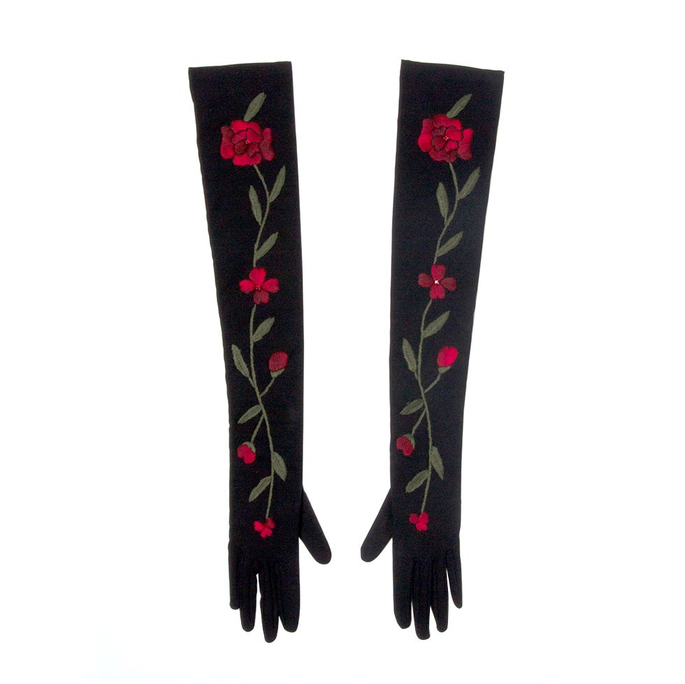 Black Long Evening Gloves Red Flower