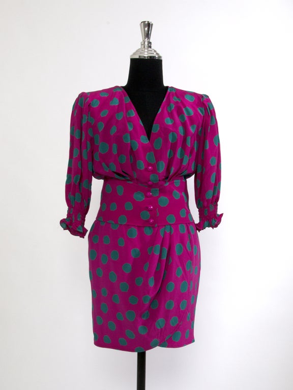 Ungaro 2 Piece Dress featuring a top and matching skirt in vibrant violet hue with green polka dots.