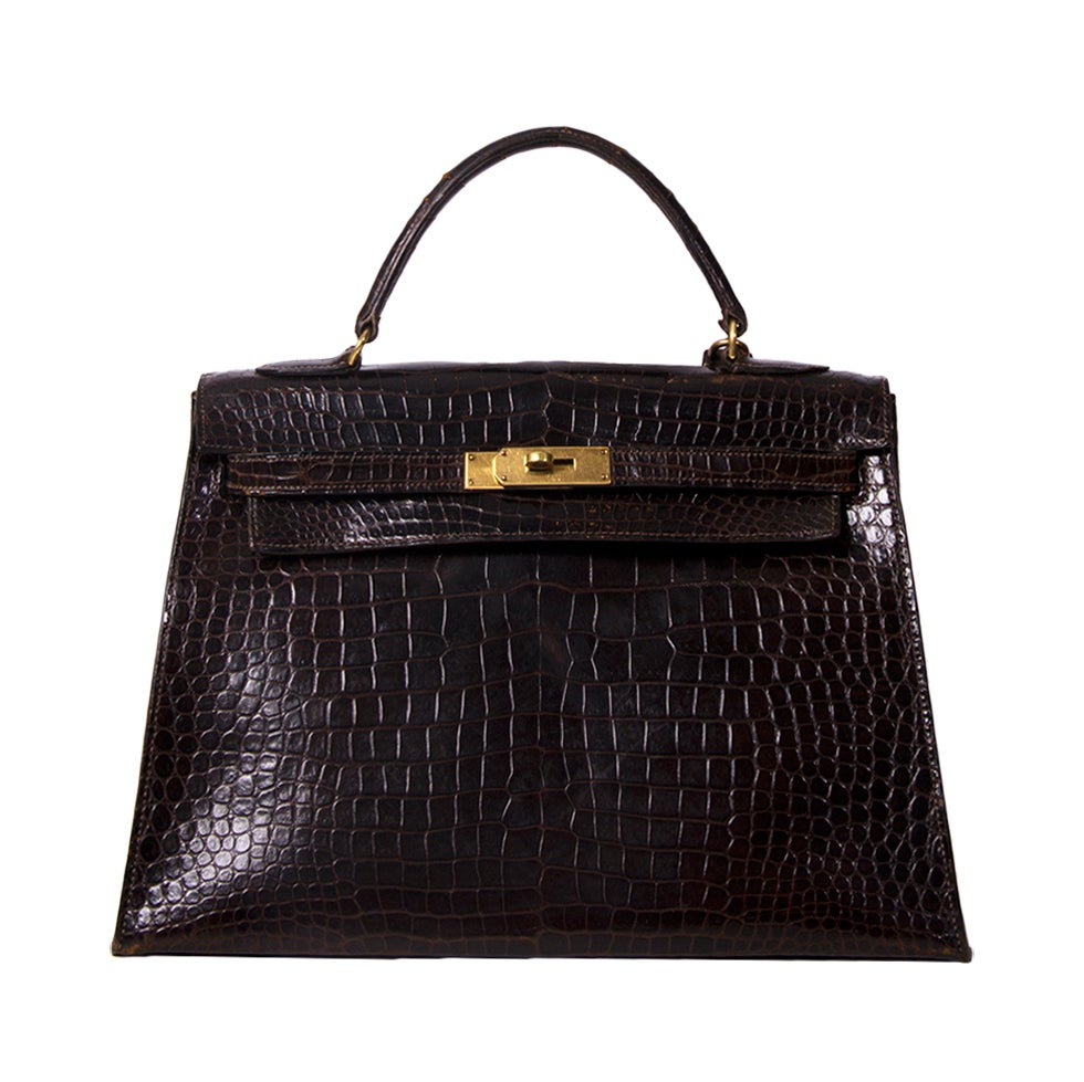 HERMES Kelly Crocodile Porosus 32cm Dark Brown