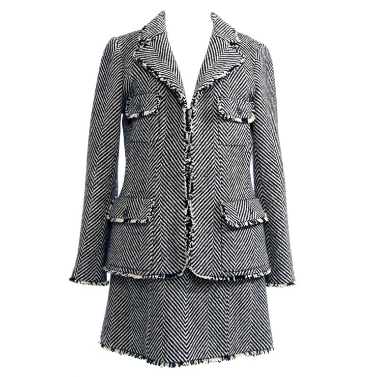 Chanel Black White Stripe Wool Skirt Suit (vest & skirt)