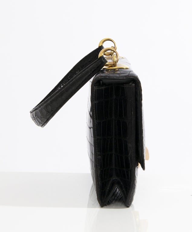 Vintage Hermes Black Porosus Croco 'Demi Lune' Handbag 50s In Excellent Condition In Antwerp, BE