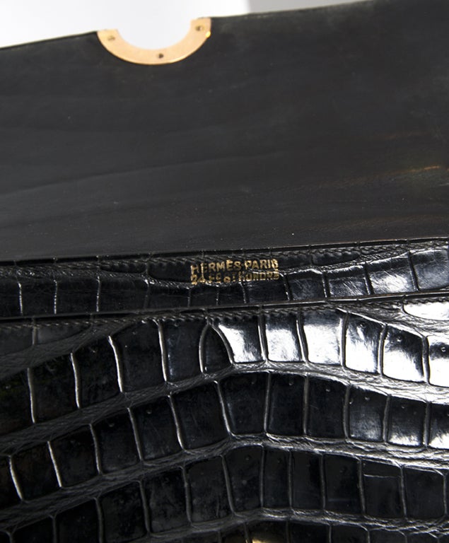 Women's Vintage Hermes Black Porosus Croco 'Demi Lune' Handbag 50s