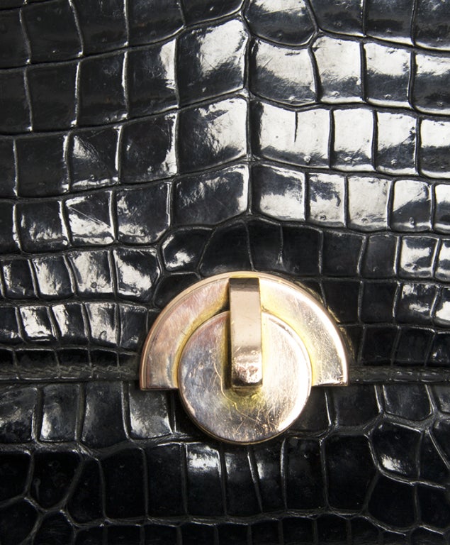 Vintage Hermes Black Porosus Croco 'Demi Lune' Handbag 50s 1
