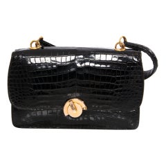 Vintage Hermès Noir Porosus Croco 'Demi Lune' Handbag 50s