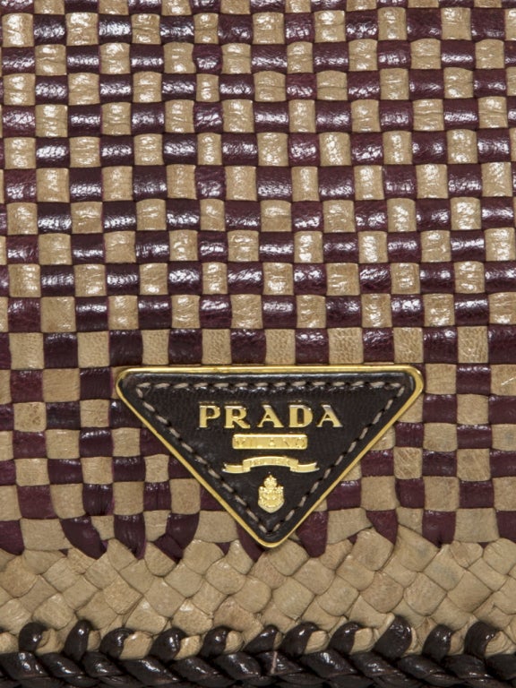 Prada Woven Leather Shoulder Bag Burgundy Cognac 1