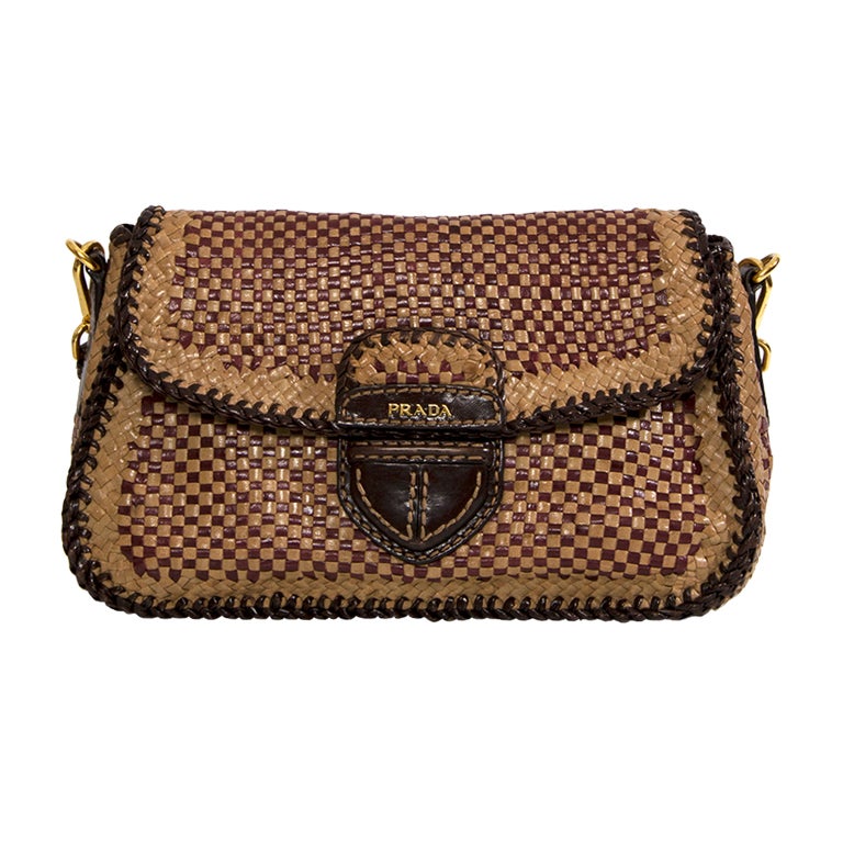 Prada Woven Leather Shoulder Bag Burgundy Cognac