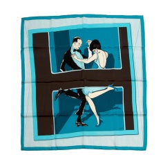 Hermes Silk Scarf in shades of blue by Jean-Louis Clerc