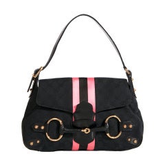 Gucci Guccisima Horsebit Schwarz Rosa gestreifte Klappentasche