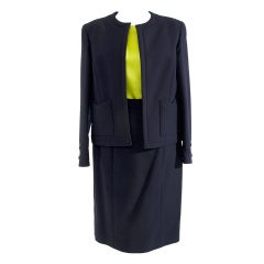 Chanel Navy and Lime Jacket Blouse Skirt Suit Ensemble