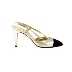Chanel Gold Metallic Slingback Pumps with Black Satin Tips