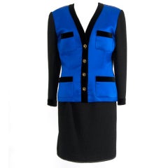 Chanel Blue silk and black wool Chanel Skirt Suit