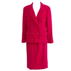 Chanel Vibrant Raspberry Red Skirt Suit with Wool Blazer