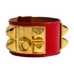 Hermes Cdc Collier de Chien Bracelet Red lezard gold hardware
