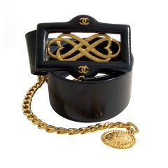Chanel Gold Black Leather Belt