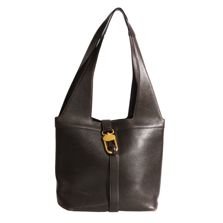 Tote bag in dark brown matte leather with gold hardware at 1stdibs