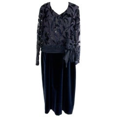 Vintage Evening Gown Dress in Midnight Blue Velvet and Silks