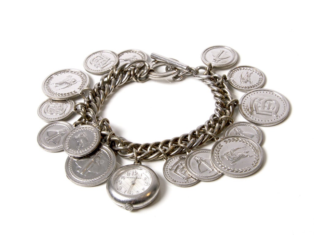 Burberry Lady's Sterling Silver Coin Charm Bracelet Watch BU5220 