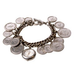 Burberry Lady's Sterling Silver Coin Charm Bracelet Watch BU5220