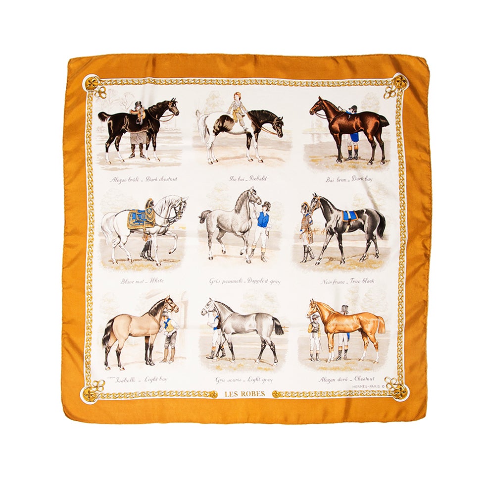 HERMES "Les Robes" silk off-white and mustard scarf