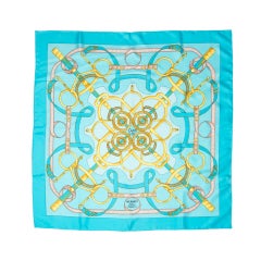 HERMES "Eperon d'or" silk turquoise and gold scarf