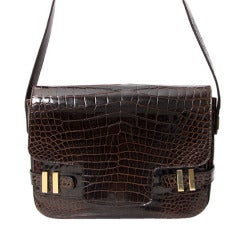 Used Delvaux " Xylophone" Shine Brown Croco Shoulder Bag