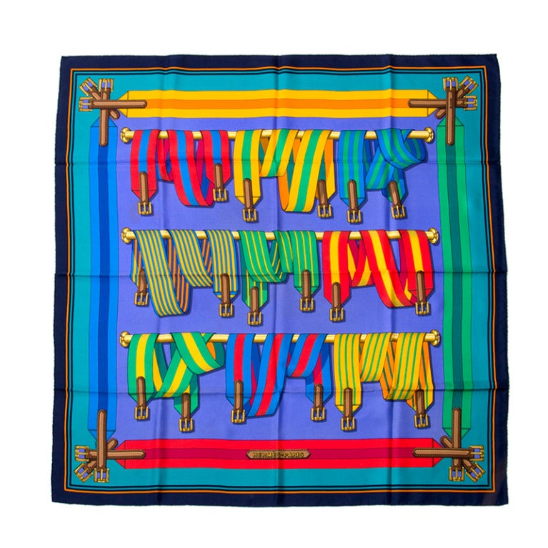 Foulard en soie Hemes Carre 
Les Sangles
, Bord Blue