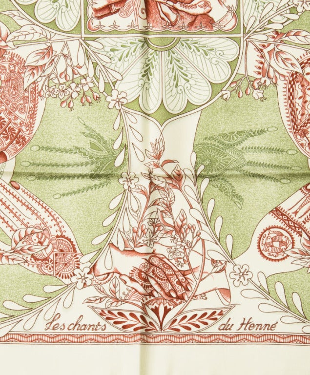 Authentique Hermes Silk Scarf Foulard Carre 90' Les Chants du Henne'. Never worn. 
In light lime and rusty red. 
90x90cm