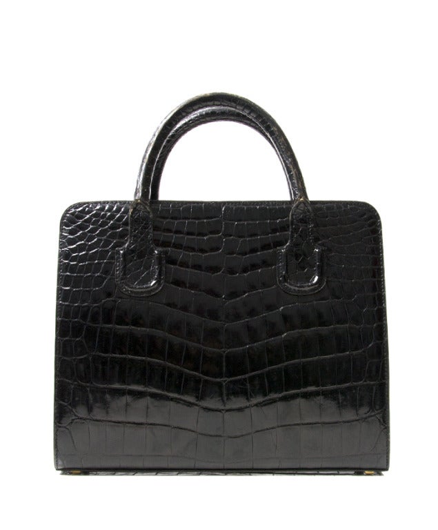 Delvaux Black Croco Handbag In Excellent Condition In Antwerp, BE