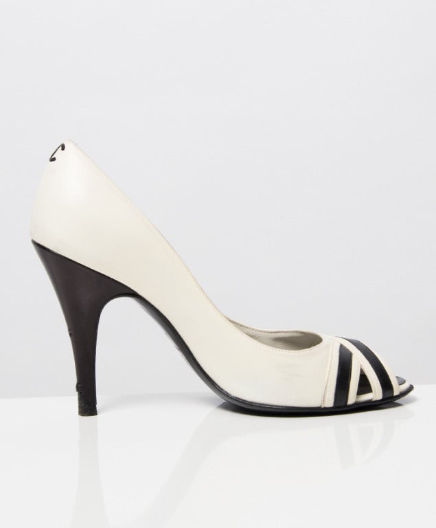 Chanel Black And White Leather Peep Toe Pump 1